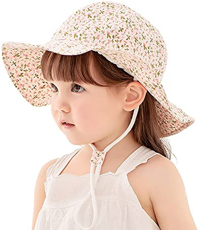 Uniyoung Baby Girls Sun Hat Toddler Kids Floral Summer Wide Brim UV Protection Beach Cap Outdoor Cotton Bucket Hat with Adjustable Chin Strap