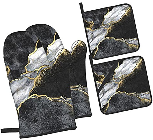 Ofenhandschuhe und Topflappen Sets von 4 Stück Schwarz Marmor Gold Riss Küche Topflappen Handschuhe Hitzebeständig Rutschfest für Koch Backen Kochen Grillen BBQ Fäustlinge