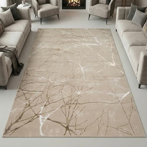 Teppich-Traum Kurzflor Teppich Ästemuster Beige 140x200 cm | Pflegeleicht, strapazierfähig, schmutzabweisend, seitlich gekettelt, fußbodenheizungsgeeignet, mit Glanzeffekt, 8 mm Flor