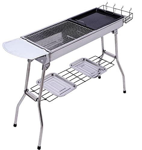 Grill Holzkohlegrill Tragbar BBQ Flach Zusammenklappbarer Kohle-Grill Grillfläche Campinggrill Kohle mit Gewürzteller/Korb für Camping Strand Picknick Terrasse,Silver,73 * 28 * 76cm