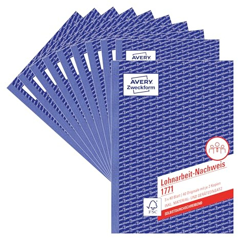 AVERY Zweckform 1771-10 Lohnarbeit-Nachweis (A5, selbstdurchschreibend, für Deutschland/Österreich, von Rechtsexperten geprüft, zur Stundenerfassung, 3x40 Blatt) 10er-Pack, weiß/gelb/rosa, Blau