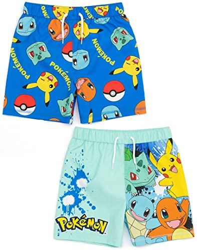 Pokemon Badshorts 2-pack för pojkar | Barn Barn Blå Ekorre Pikachu Charmander Bulbasaur Badbyxor Trunkar | Gamer Badkläder Gåvor