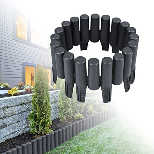 LZQ 5,6m Rasenkante Kunststoff Gartenpalisade Holzoptik Palisade Flexibel Beetzaun Beetumrandung Beeteinfassung für Gärten, Gras-und Steintrennung - Anthrazit, 20 Stück