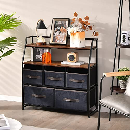 COSTWAY Sideboard mit Stoffschubladen, Stoffkommode mit oberer Ablage & Kippsicherung, freistehende Kleiderkommode industriell für Wohnzimmer, Schlafzimmer (5 Schubladen)