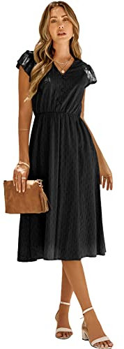 HEYPORK Damen Frühling Sommer Rock Bequem Lässig Kleider Mode Elegant Röcke Frauen Beiläufige Feste Farbe V-Ausschnitt Taille Abnehmender Frischer Stil Kleid(Schwarz, L)