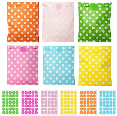 FINEASY 60 Stück Geschenktüten mit 210 Etikett, Candy Bar Tüten Papiertüten Kindergeburtstag Candybar Für Süssigkeiten Beutel Hochzeit Ostern Geburtstag Geschenk (Tupfen)