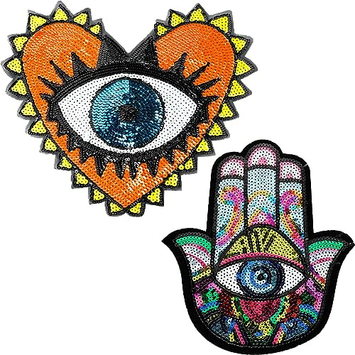 GORGECRAFT 2 Stile Böser Blick Aufnäher Für Kleidung Ohne Kleber Große Pailletten-Aufnäher Handaugen Herz Böser Blick Gesticktes Abzeichen Applikationsmotiv Aufnäher Für DIY Nähen Basteln Kleidung
