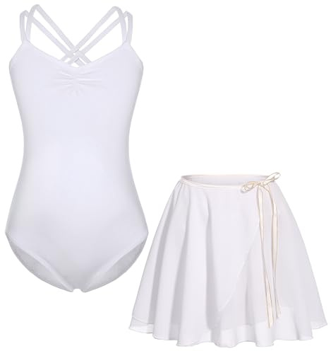 FONLAM Vestito Body da Balletto Danza per Ragazze Bambina Gonna Balletto Body Ginnastica Cotone Spalline Sottili (Bianco, 5-6 Anni)