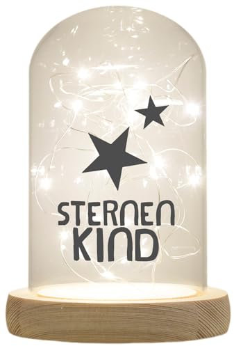 WB wohn trends LED-Glaskuppel, Sternenkind, 16,5x11cm, Glasglocke mit LED-Licht und Holz-Fuß LED-Laterne LED-Lampe mit Text Spruch