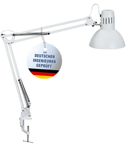 MAUL Klemm Tischlampe weiß MAULstudy E27 LED flexibel mit Metallarm | flexibel ausrichtbarer Doppelarm, platzsparende Tischklemme, warmweißesLicht, austauschbare E27 LED, stabiler Metallkopf