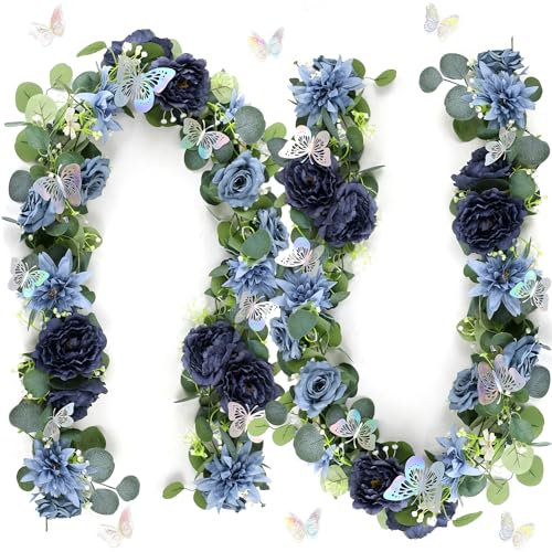 HOMENERGY Eucalyptus Garland with Flowers - 2 Pack 5.9 FT Fake Flower Garland with Butterflies Faux Rose Greenery Garlands for Wedding Table Backdrop Arch Centerpieces Decorations - Navy Blue