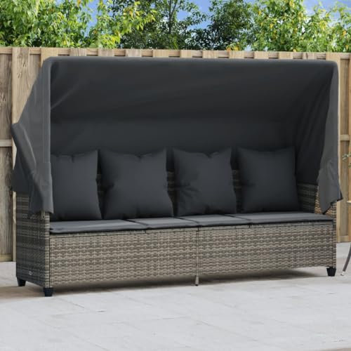 Gecheer Garten Sonnenliege Gartenliege Relaxliege Loungeliege Sonnenbett Outdoor Liege Relaxliege Gartenmöbel Liege Liegestuhl Für Garten Hinterhof Veranda mit Dach und Kissen Grau Poly Rattan