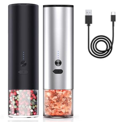 hxoity Juego De Molinillo Eléctrico De Sal Y Pimienta con Luz LED Blanca Saleros Y Pimenteros De Aspereza Ajustables Operado con Una Mano 120 Ml De Gran Capacidad Cinta-C Recargable(1)