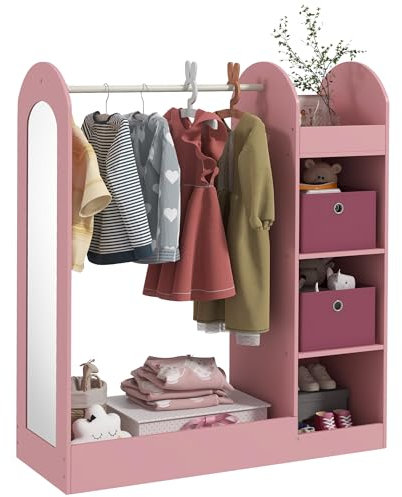 AIYAPLAY Appendiabiti per Bambini con Ripiani, Scatole e Specchio, Mobile per Cameretta e Ingresso in Legno, Rosa