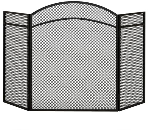HOMCOM Schermo Parascintille per Camino Pieghevole in Metallo 96x60cm Nero | 3 Pannelli, Griglia per Caminetto, Design Classico