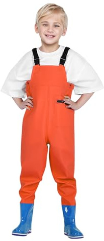 Wathose Kinder Wasserdicht mit Stiefel Kinderwathose Mädchen Regenhose mit Stiefeln Matschhose Jungen Anglerhose mit Stiefel Junior Hosenträger Matschhose Regenstiefel rutschfeste Sohle Gummistiefel