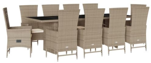 HETFTJN Biergarnitur Terassenmöbel Außen Lounge Gartenmöbel Gartenlounge - 11-TLG. Garten-Essgruppe mit Kissen Beige Poly Rattan für Garten Balkon Café Terrasse