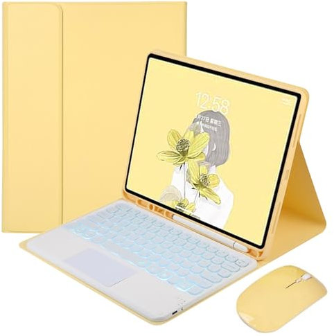 JZCZMCE Funda con Teclado para iPad 9ª/8ª/7ª Generación 10,2/Air 3ª Generación/Pro 10,5, Contiene Ñ, Teclado Inalámbrico Retroiluminado Magnético Extraíble con Ratón,Amarillo
