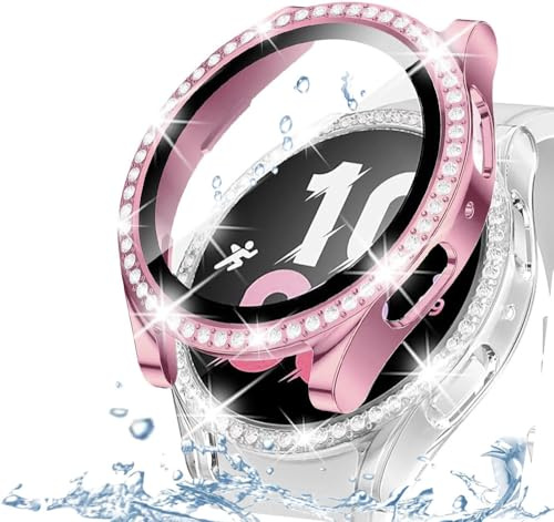 DEALELE [2-pack härdat glasfodral kompatibelt med Samsung Galaxy Watch 5/4 44 mm, Bling Diamond PC skyddsfodral med härdat glas skärmskydd (44 mm, rosa + genomskinlig)
