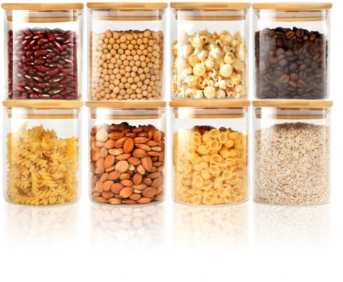 FoiiLiio Barattoli Vetro con Coperchio Set di 8 Barattolo Vetro con Coperchio in Bambù 500ml, Ermetici, per Spezie, Noci, Cereali - Φ8.5x10cm