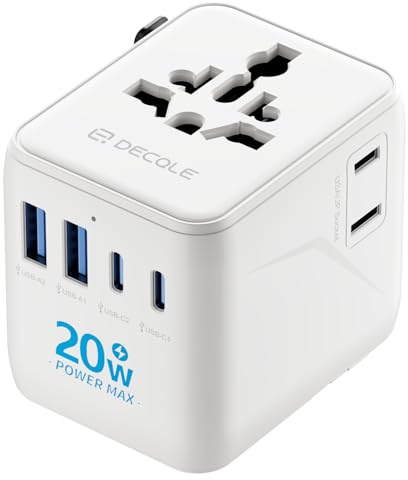 decqle “Pro” Universal Travel Adapter for International Travel -EU UK US AU | PD 20W, 2 USB-C ＆ 2 USB-A, International Plug Adapter, All in One Portable Adapter, NOT A Voltage Converter (White)