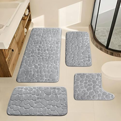 Luriseminger 4pcs Tapis de Bain, Antidérapant Tapis Salle de Bain, Tapis de Bain et WC en Mousse à Mémoire de Forme, Tapis Salle de Bain Absorbant pour Baignoire, WC et Sol (ardoisé)