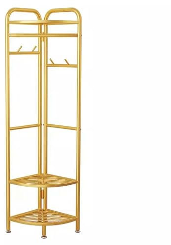 FAXJRU 174CM Garderobenständer Eck, Kleiderständer & Sitzbank & Schuhregal, inkl. 4Haken, 3 Ebenen Aufbewahrungsregal Garderobe für Eingang, Flur, Wohnzimmer, Schlafzimmer(Gold)