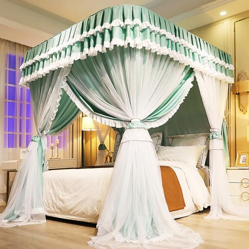 LUOZIQINX Moskitonetz Doppelbett, Luxuriöse Betthimmel aus Mesh & Stoff, Doppelschichtiges Prinzessin Baldachin für Mädchenzimmer Dekoration,Grün,W150xL200xH210 cm