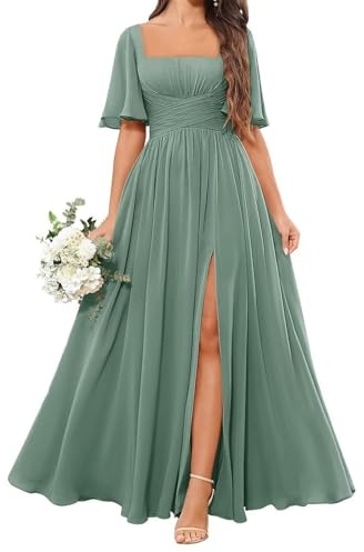 KURFACE Vestido de dama de honor de gasa con cuello cuadrado para mujer, con mangas y abertura, plisado, largo, formal, Eucalipto., 44