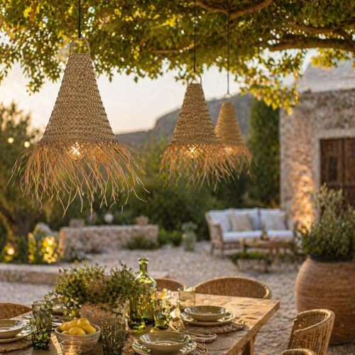 Lampadario Fibre Naturali Marocchino in Palma Intrecciata a Mano – Stile Boho Ø20 cm H26 cm – Paralume Etnico Naturale per Interni ed Esterni Vimini Rattan Bamboo 1004250800B