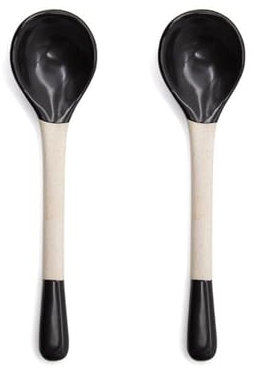 XDAWQP Tablespoons Handmade Ceramic Spoon Cute Long Handle Coffee Spoon Mixing and Stirring Spoon Japanese Rough Ceramic Dessert Spoon, 2 Pieces Serving Spoon,Black 16.5cm