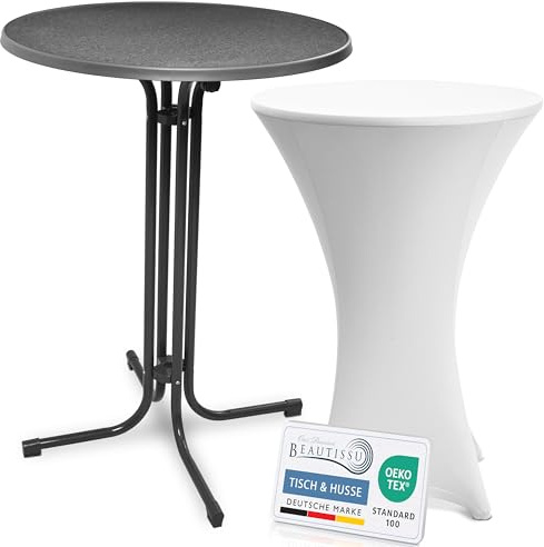 Beautissu Stehtisch klappbar 80cm mit Stretchhusse Outdoor Bistrotisch | Grau Weiß rutschfest waschbar und bügelfrei kratzfest wetterfest Hussen Klappbarer Partytisch Gartentisch Bellini & Stella