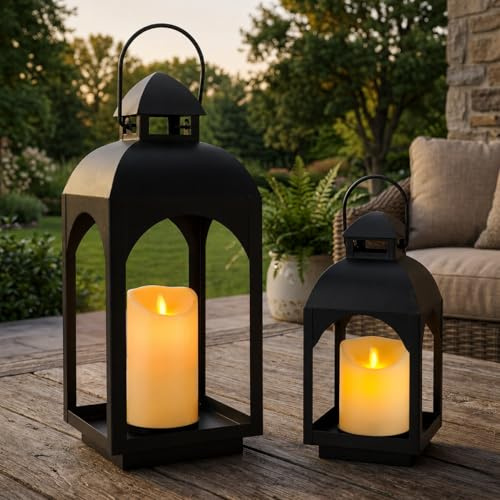 JHY DESIGN Laternen Set Schwarz Groß (29cm & 45,5cm), Metall Windlicht Outdoor mit LED Kerzen, Gartenlaterne Hängend für Draußen, Vintage Deko Lampe für Balkon, Terrasse & Wohnzimmer
