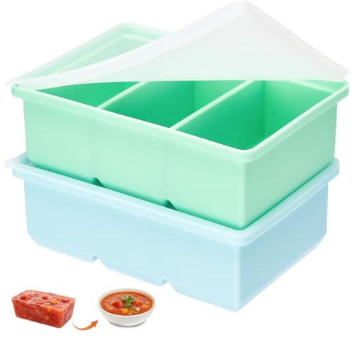 2-pack soppfrysningsbehållare, Souper Cubes silikon frysbehållare med lock BPA-fri mat soppfrys, soppa frys, isbitsform för buljong, sås (blå + grön, 220 ml)