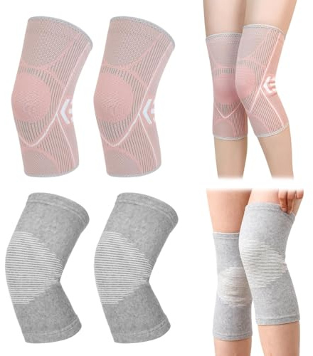 Rbleote 2 Paar Kniebandage, Knieschoner, Knee Support für Meniskusriss, Arthritis, ACL, Kompression bandage knie für Basketball, Volleyball, Yoga, Laufen, Männer/Damen, Warm Halten (Rosa Grau)