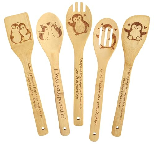 Pinguin Geschenk Holz Kochlöffel 5-teilig Bambus Küchenhelfer Geschenk | 5-teiliges Pinguin Bambus-Kochset hitzebeständig,antihaftfreundlich,ideal zum Rühren, Braten,nützliche geschenke für frauen