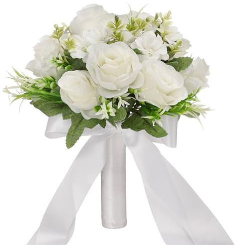 Faroby Bouquet da Sposa per Sposa, Elegante Fiore di Seta Artificiale Bianco 9x10, 6 Pollici per Forniture per Feste
