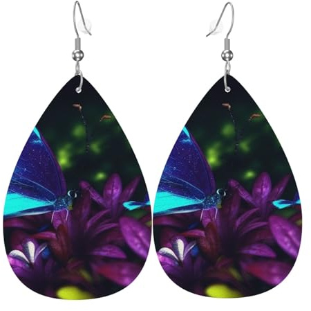 Orecchini Da Donna Pelle Sintetica Blue Purple Flower Butterfly Lacrima Orecchini In Pelle A Forma Di Lacrima Jewelry Per Every Outfit Adatti Per L'Uso Quotidiano