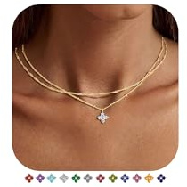 M MOOHAM Dainty Layered 14K Gold Plated CZ Necklace for Women - April Birthstone Necklaces Clear Cubic Zirconia Pendant Necklace Trendy Birthday Jewelry Gifts for Mom Women