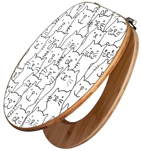 banjado Design WC Sitz Bambus 45x37,5cm - Toilettendeckel - Toilettensitz Bambus - hochwertiger Klodeckel - WC-Sitz Universal für alle gängigen Toiletten - Motiv Lustiges Katzenmuster