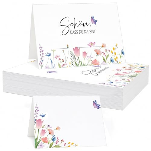 60 Stück Tischkarten Schön Dass Du Da Bist| 85x55mm Faltbar | Mit Goldfolienprägung | Platzkarten für Hochzeit, Geburtstag, Taufe, Konfirmation & Geschäft | Beschreibbar & Stabil Tischdekoration