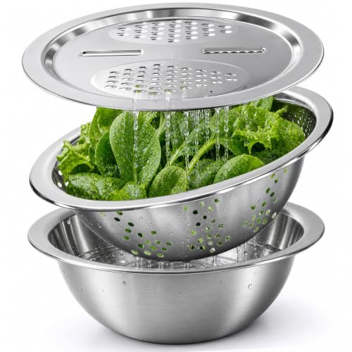 Bol de acero inoxidable con rallador y colador, bol de cocina multifunción 3 en 1, cortador de verduras con escurridor para frutas y verduras (24CM)