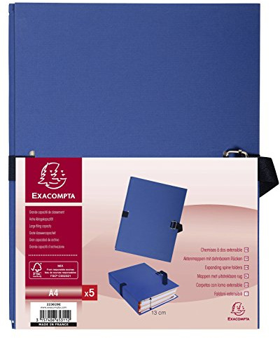 Exacompta - Réf. 223029E - Paquet de 5 chemises à dos extensible en papier toilé couleur - dos extensible jusqu'à 13 cm - fermeture par sangle - dim 24 x 32 cm - pour format A4 - couleur bleu foncé