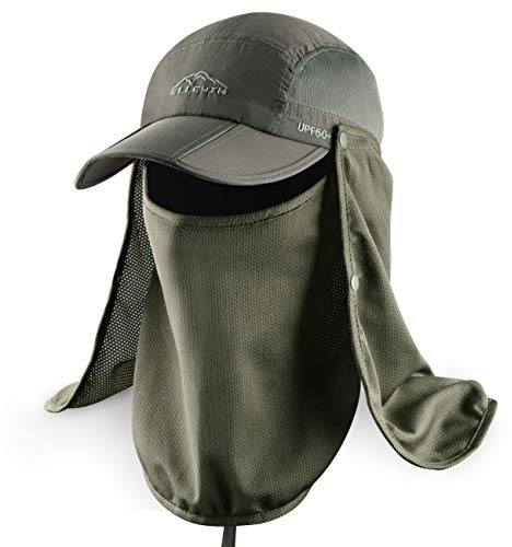 ELLEWIN Outdoor-Sonnenhut für Damen und Herren, UV-Schutz UPF 50+ mit Nackenschutz und Gesichtsschutz, ideal zum Angeln und für Sonnenschutz, Grün (Army Green), MEDIUM