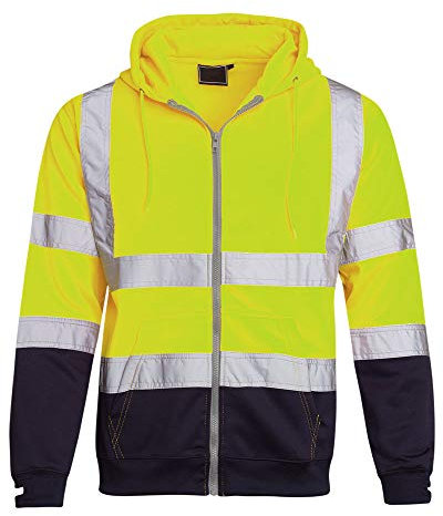 shelikes Mens Hi Vis Viz Jacket High Visibility Coat Two Tone Hooded Sweatshirt Zip Up Hoody Safety Work Top