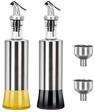 onlyfire Juego de 2 dispensadores de aceite de oliva y vinagre, dispensador de botellas de aceite de acero inoxidable de 12 onzas para cocina y barbacoa (2 embudos incluidos)