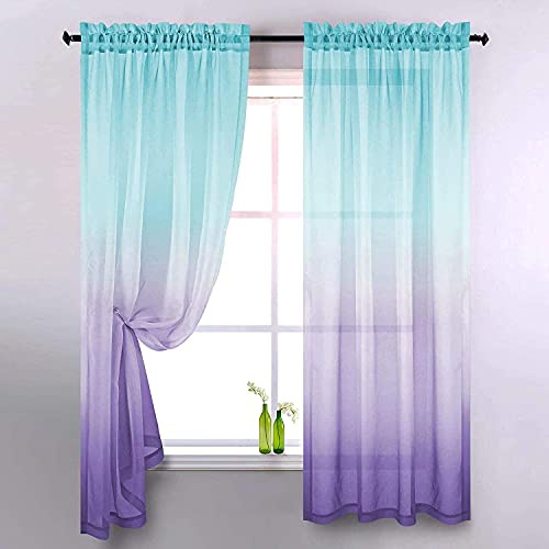 Ricemru Vorhange Farbverlauf Mint Grün Lila 2er Pack Gardinen Halbtransparent Bunt Kinderzimmer Mädchen Junge Voile Fensterschals für Wohnzimmer Schlafzimmer,106x213