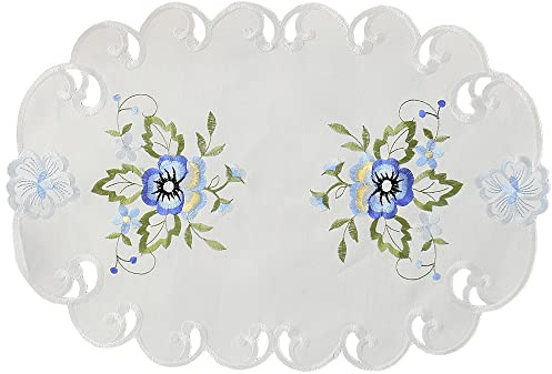 matches21 HOME & HOBBY Tischdeckchen Elke 30 x 45 cm oval edle Stickerei mit blauen Stiefmütterchen & Cutwork Polyester