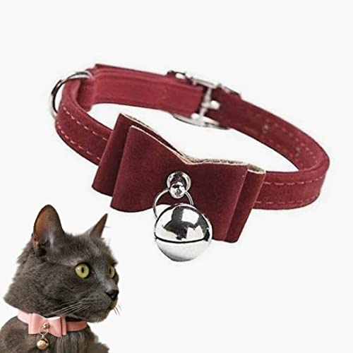 FIGARO CATS STORE: Collare per gatto in velluto, regolabile, morbido, sicuro, con campanellino e doppio fiocco papillon (Bordeaux)