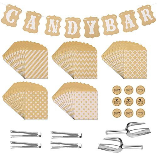 67 Stück Candy Bar Zubehör, Enthält 50 Stück Candy Bar Tüten und 10 Sticker, 4 Stück Zuckerzange und 2 Stück Candybar Schaufel und 1 Girlande, für Candy Bar Büfett Grill Hochzeit Party Geburtstag